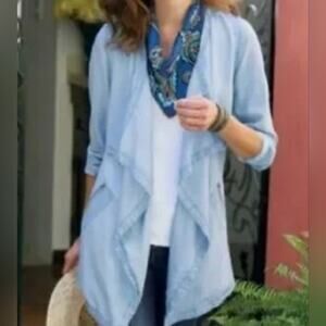 En Creme Chambray Tencel Rayon Open Front Waterfall Cardigan Pockets Sz S #1467